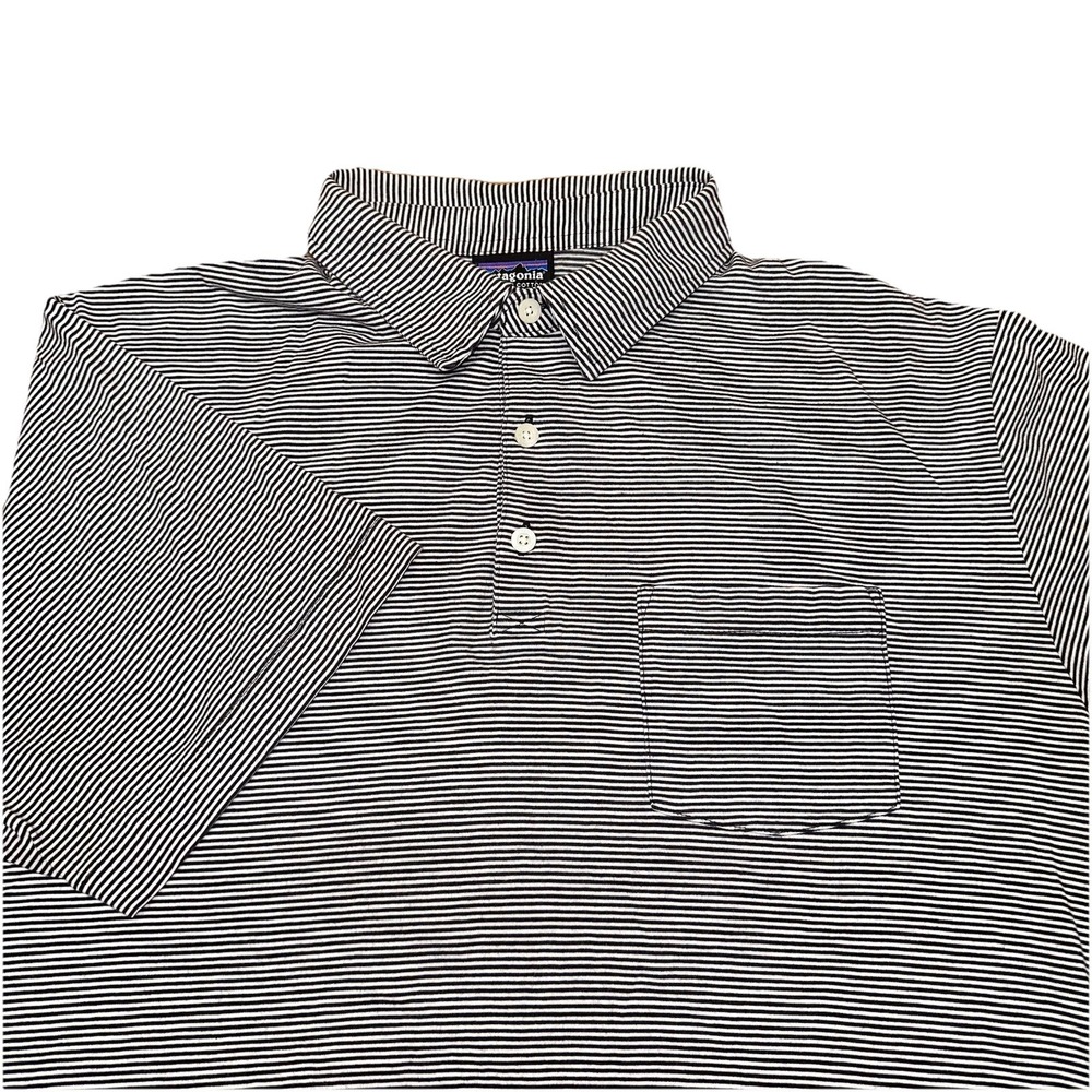 Patagonia Black/White Stripe Organic‎ Cotton Short Sleeve Polo Hike Logo Men's L